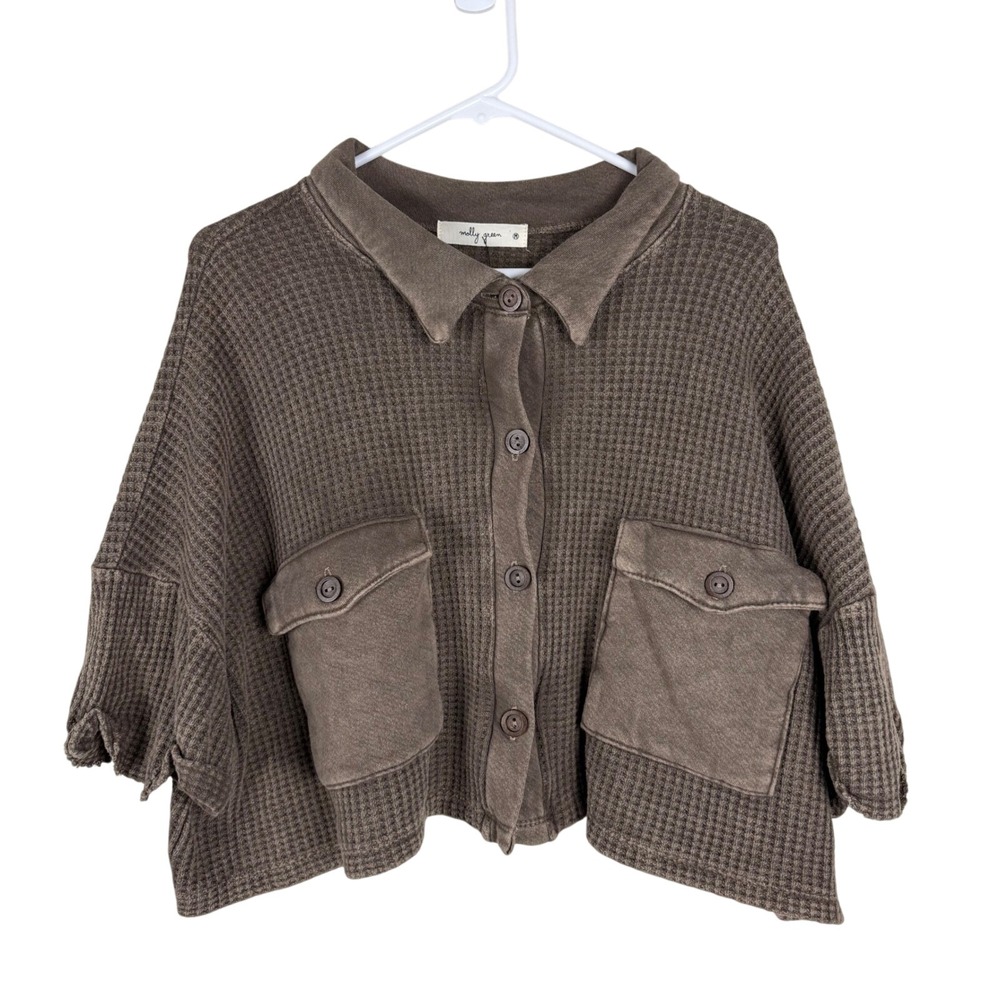 Molly Green Katelyn Shacket Brown Waffle Knit Button Up Crop Top Jacket‎ Medium